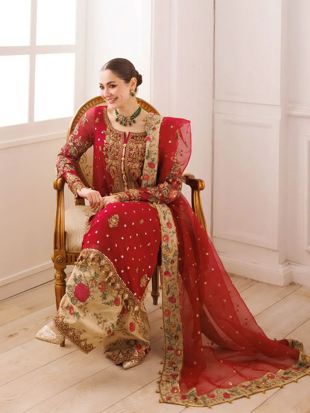 Bridal Red Embroidered Chiffon Suit With Organza Dupatta | Ready To Wear