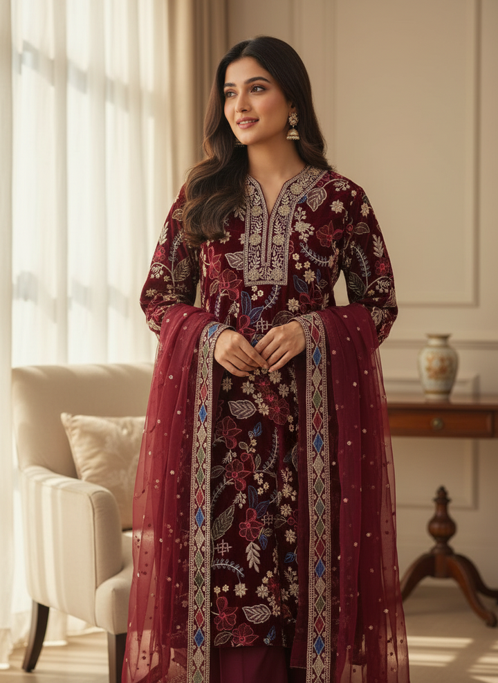 Velvet Handwork Salwar Kameez with Dupatta