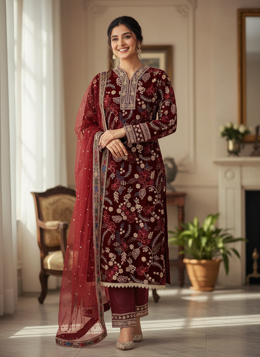 Velvet Handwork Salwar Kameez with Dupatta