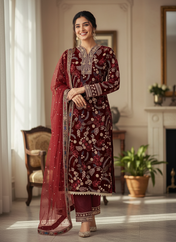 Velvet Handwork Salwar Kameez with Dupatta