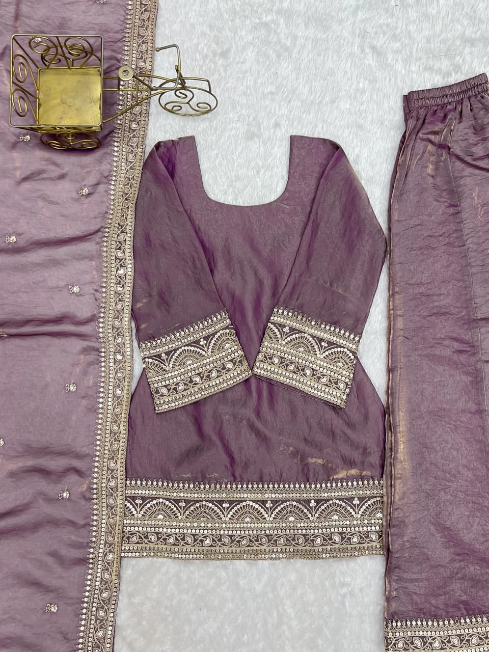 Purple Luxury Embroidered Frendy Silk 3-Piece Ready-to-Wear Suit – view 3