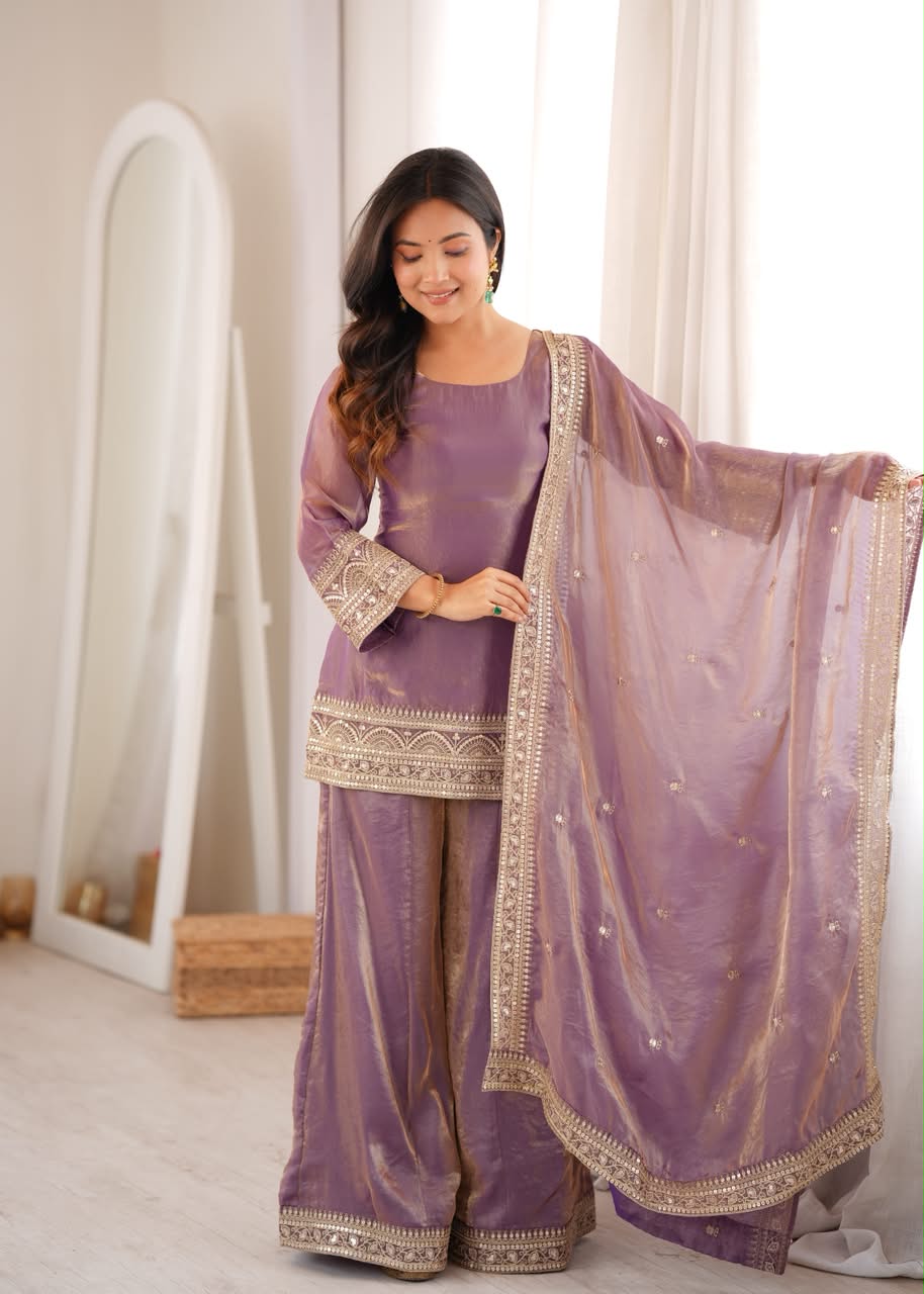 Purple Luxury Embroidered Frendy Silk 3-Piece Ready-to-Wear Suit – view 7