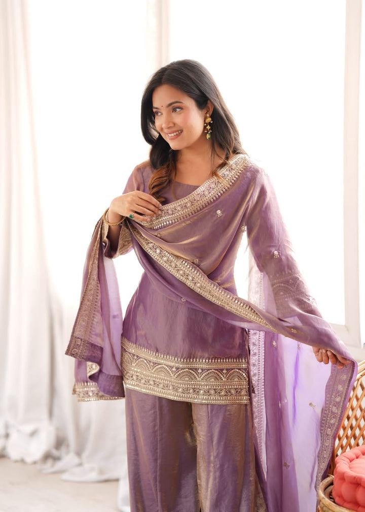 Purple Luxury Embroidered Frendy Silk 3-Piece Ready-to-Wear Suit – view 12