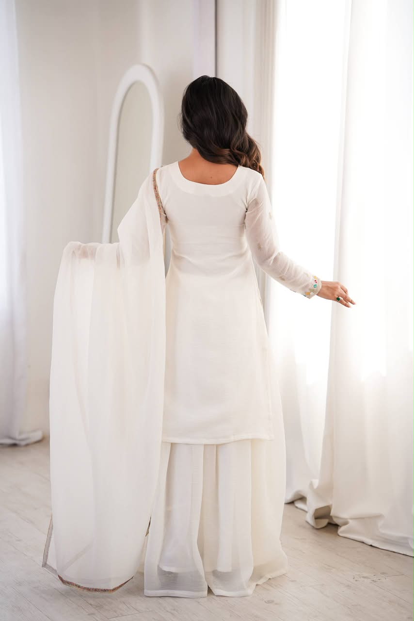 Luxury Embroidered Crunchy Silk 3-Piece Ready-to-Wear Sharara Suit – view 10