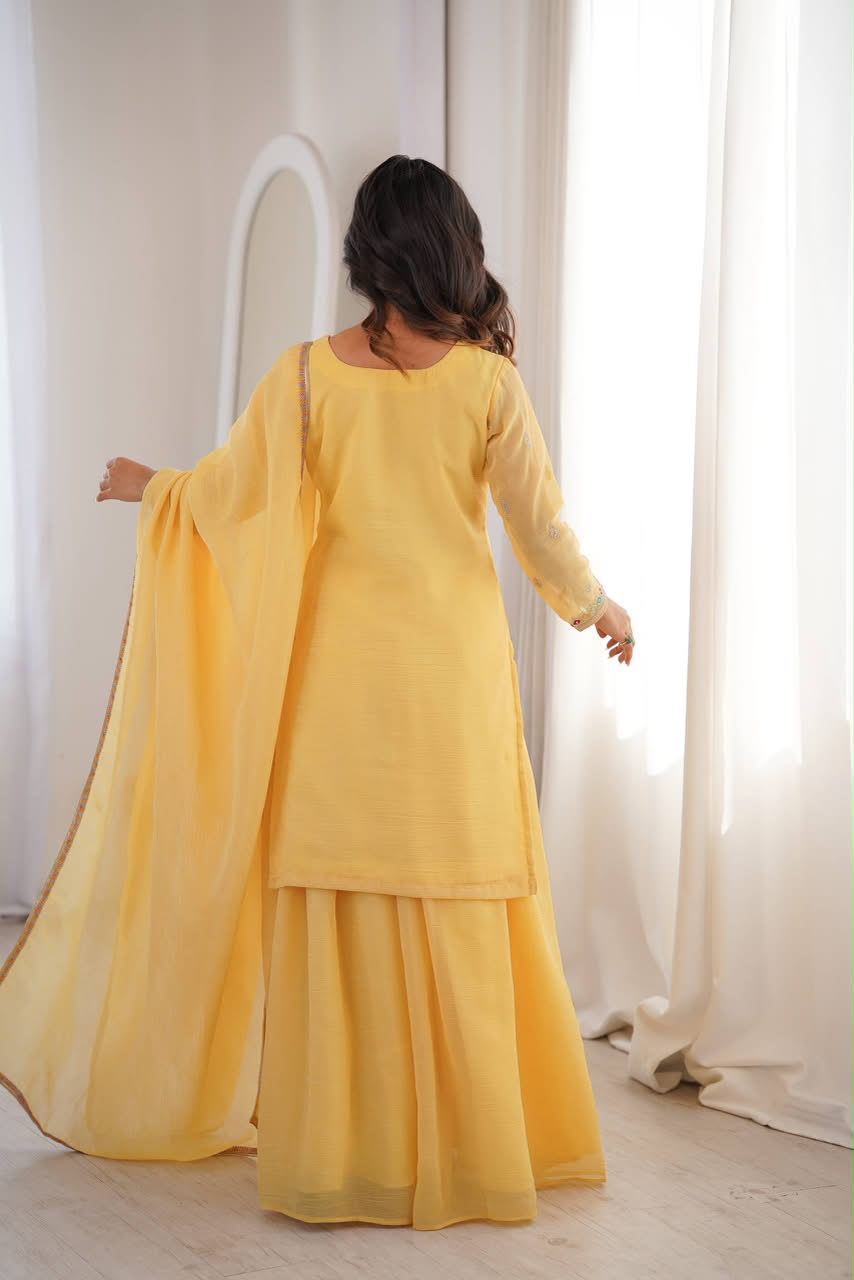 Luxury Embroidered Crunchy Silk 3-Piece Ready-to-Wear Sharara Suit – view 21