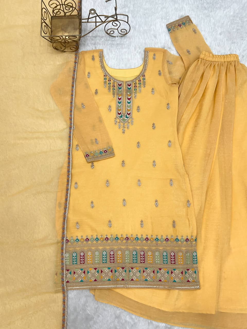 Luxury Embroidered Crunchy Silk 3-Piece Ready-to-Wear Sharara Suit – view 24