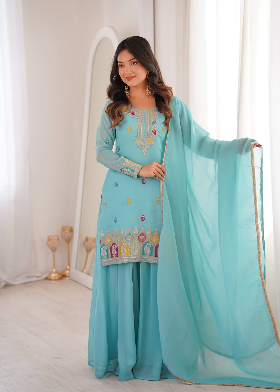 Luxury Embroidered Crunchy Silk 3-Piece Ready-to-Wear Sharara Suit – view 32