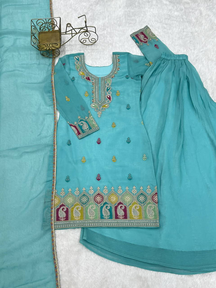 Luxury Embroidered Crunchy Silk 3-Piece Ready-to-Wear Sharara Suit – view 40