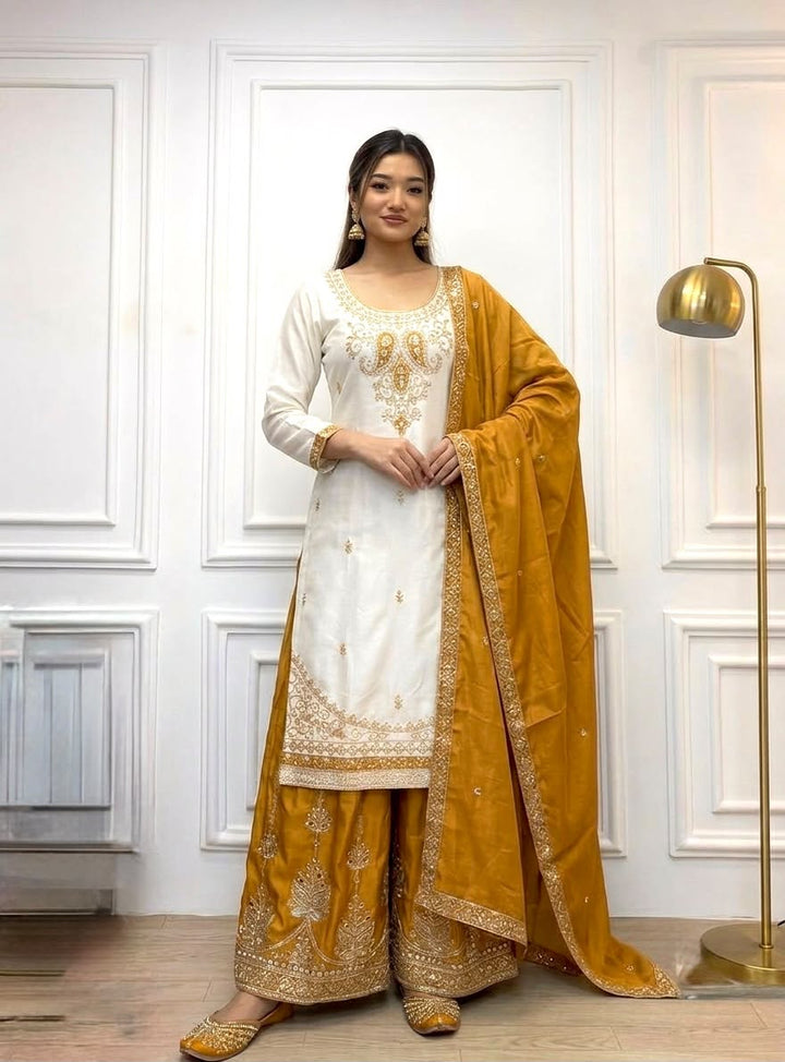 Luxury Embroidered Chinon Silk 3-Piece Ready-to-Wear Palazzo Suit – view 2