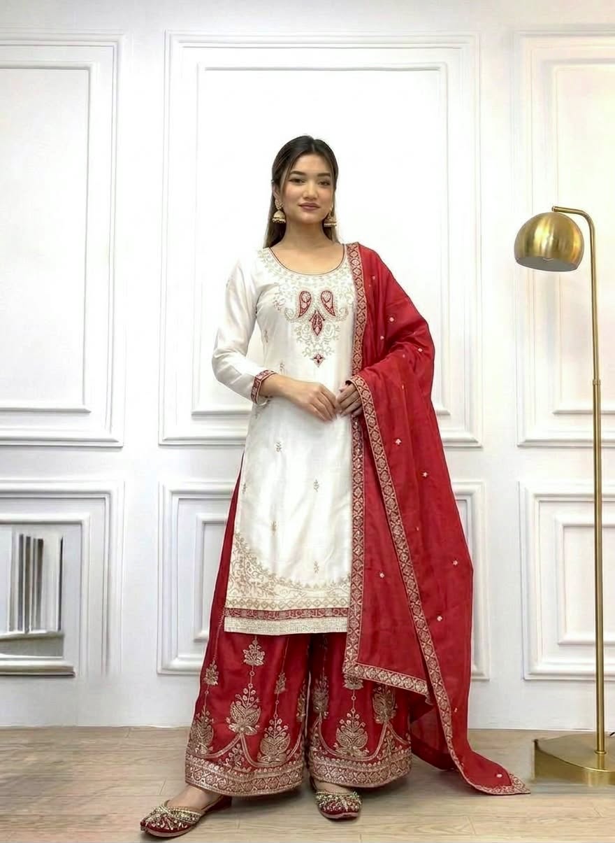 Luxury Embroidered Chinon Silk 3-Piece Ready-to-Wear Palazzo Suit – view 11