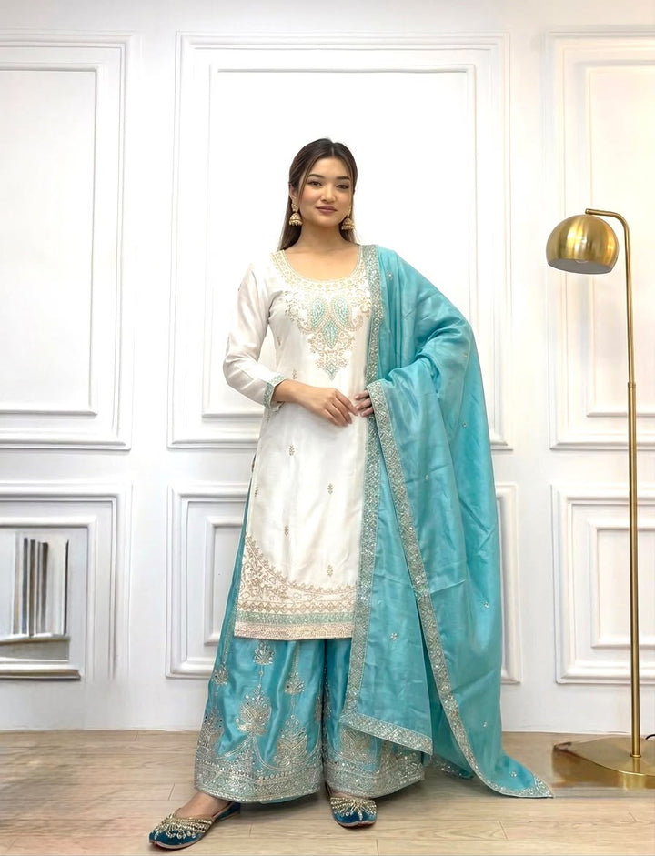 Luxury Embroidered Chinon Silk 3-Piece Ready-to-Wear Palazzo Suit – view 19