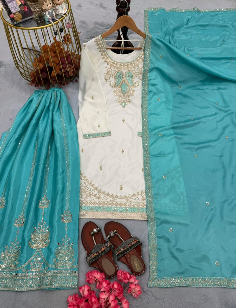 Luxury Embroidered Chinon Silk 3-Piece Ready-to-Wear Palazzo Suit – view 20