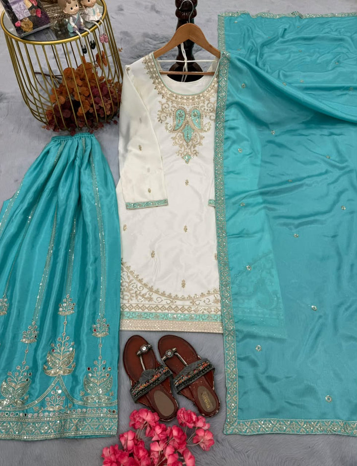 Luxury Embroidered Chinon Silk 3-Piece Ready-to-Wear Palazzo Suit – view 20