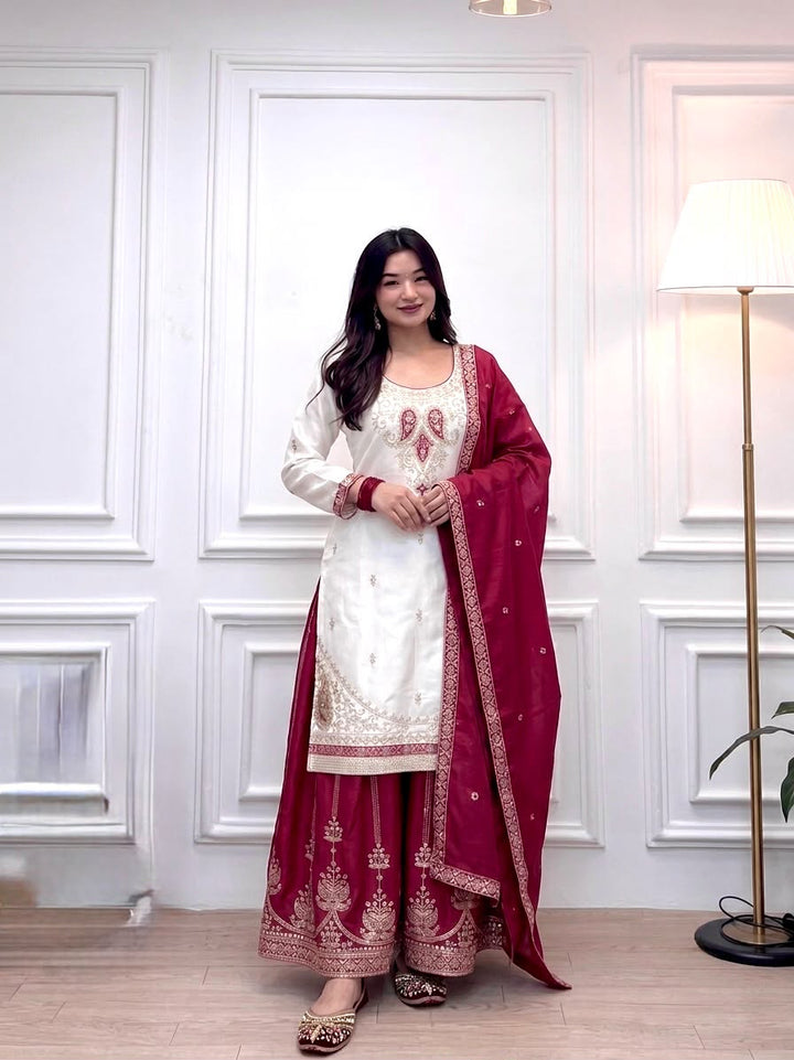 Luxury Embroidered Chinon Silk 3-Piece Ready-to-Wear Palazzo Suit – view 23