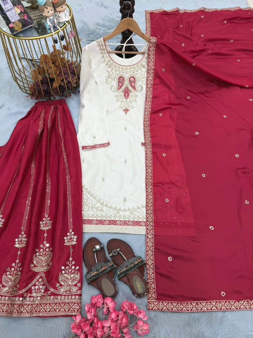 Luxury Embroidered Chinon Silk 3-Piece Ready-to-Wear Palazzo Suit – view 26