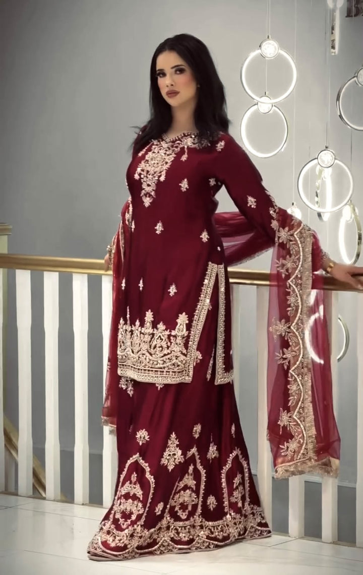 Luxury Embroidered Glass Satin 3-Piece Ready-to-Wear Palazzo Suit – view 1
