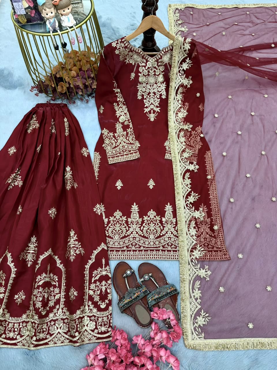 Luxury Embroidered Glass Satin 3-Piece Ready-to-Wear Palazzo Suit – view 6