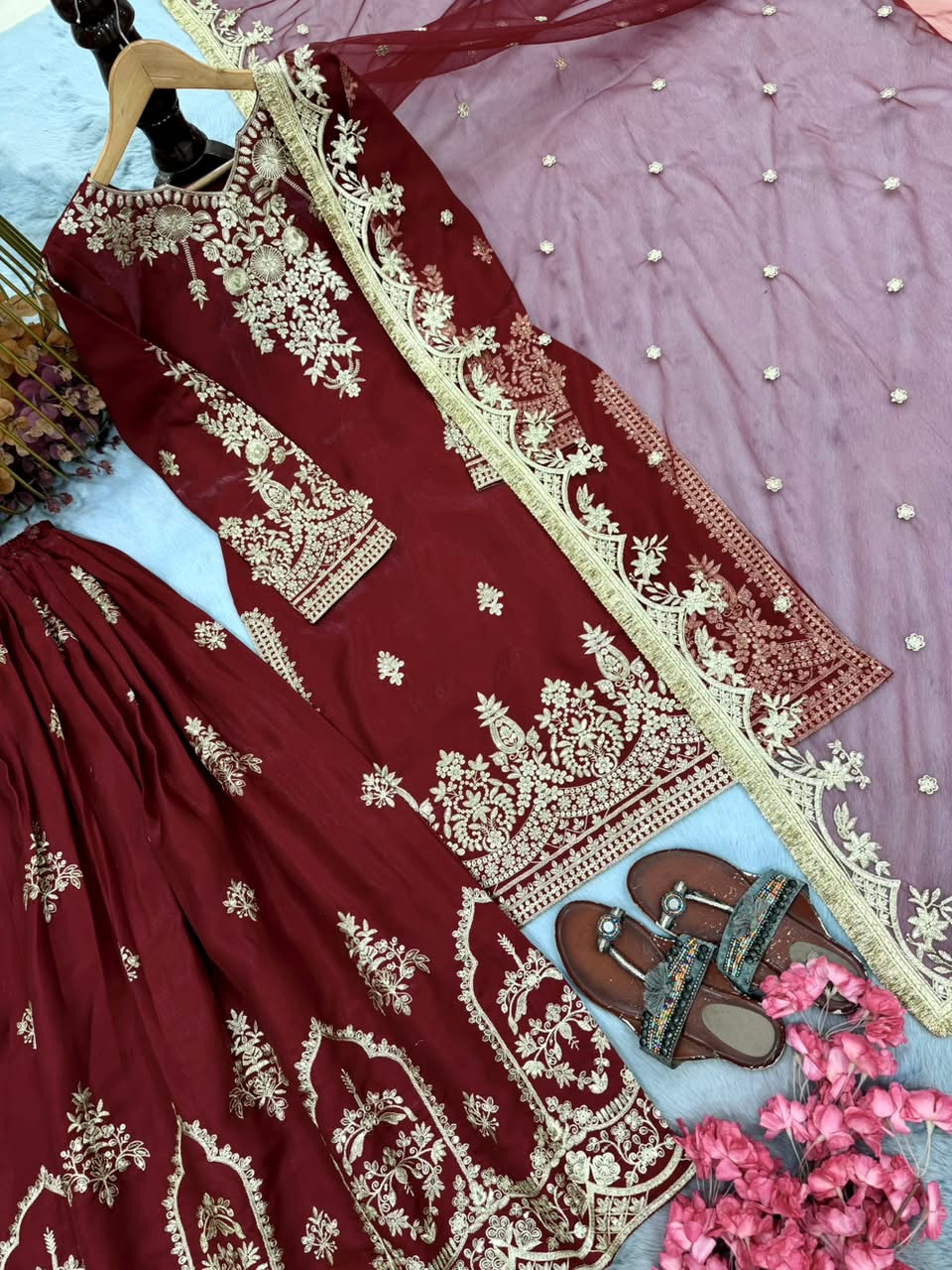 Luxury Embroidered Glass Satin 3-Piece Ready-to-Wear Palazzo Suit – view 9