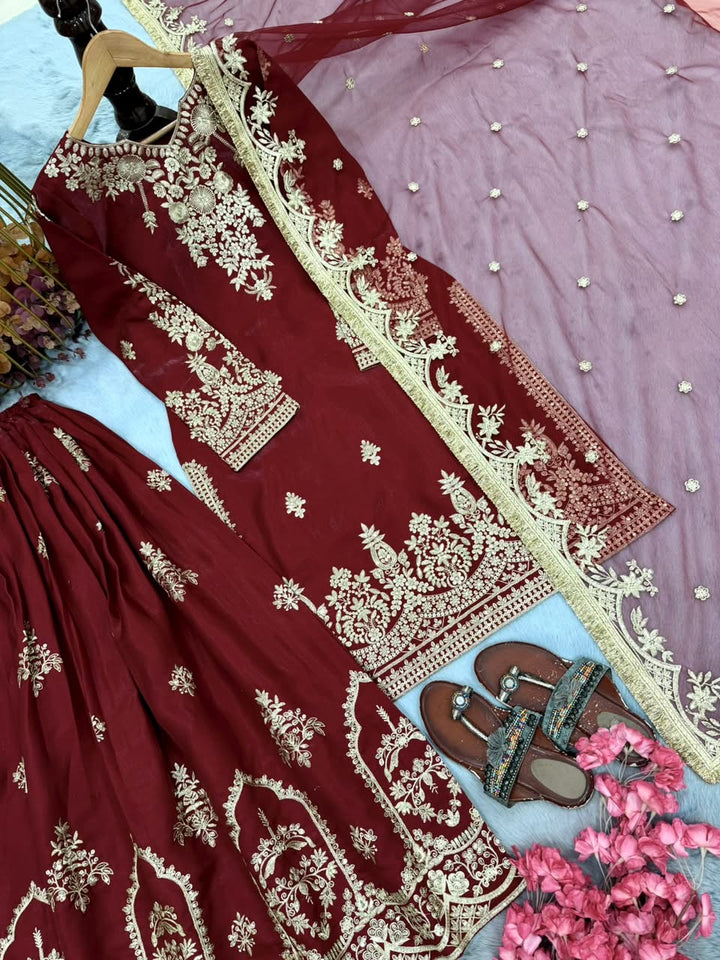 Luxury Embroidered Glass Satin 3-Piece Ready-to-Wear Palazzo Suit – view 9