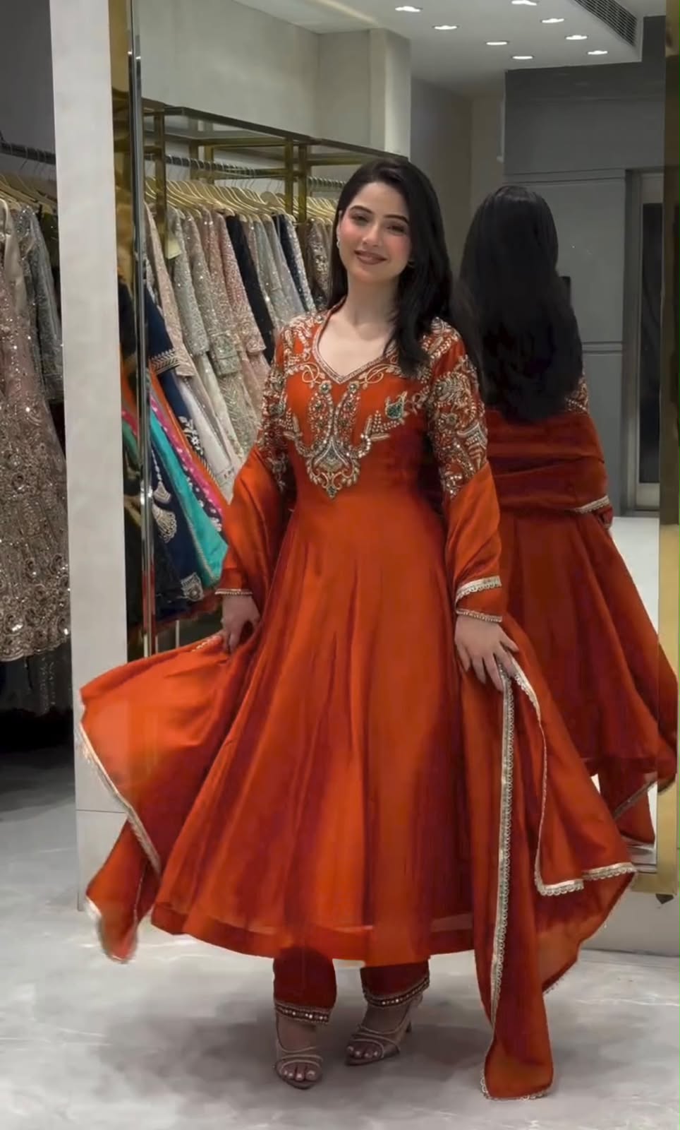 Luxury Embroidered Roman Silk 3-Piece Ready-to-Wear Anarkali Gown Set – view 7