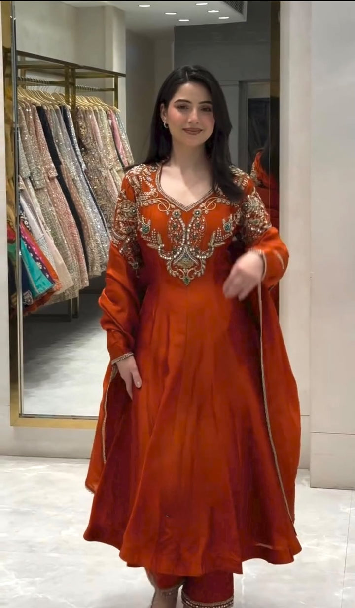 Luxury Embroidered Roman Silk 3-Piece Ready-to-Wear Anarkali Gown Set – view 11