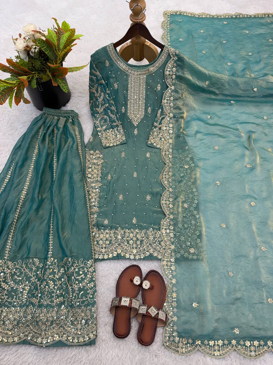 Luxury Embroidered Fendy Silk 3-Piece Ready-to-Wear Palazzo Suit – view 73