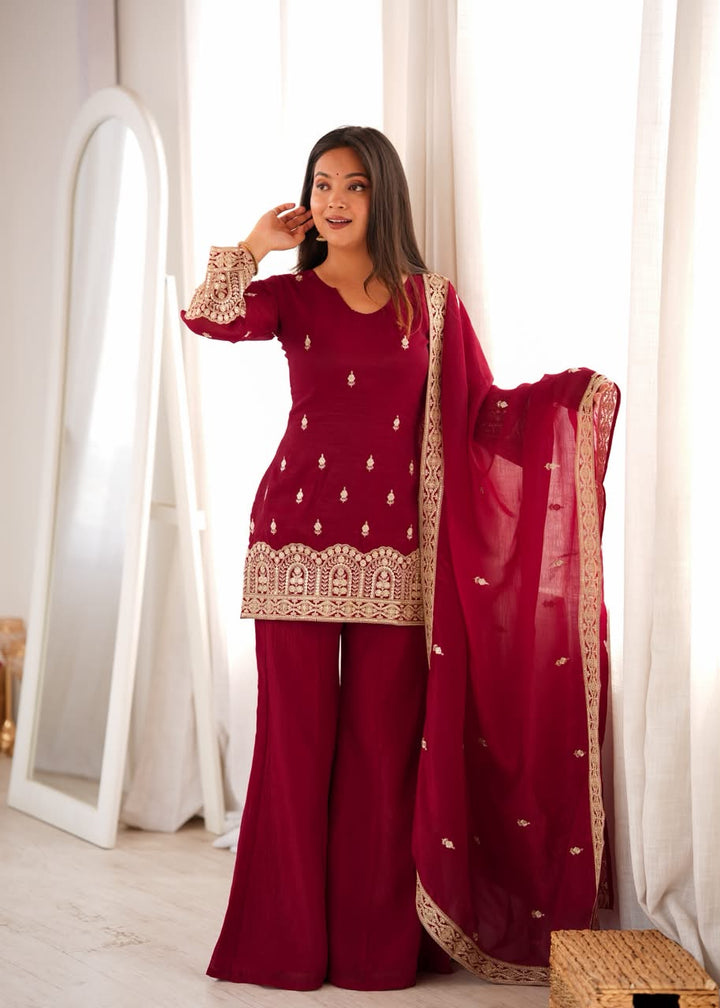 Luxury Embroidered Crunchy Silk 3-Piece Ready-to-Wear Bell Bottom Suit – Maroon – view 1