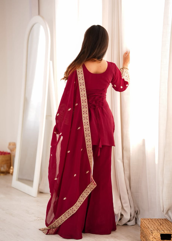 Luxury Embroidered Crunchy Silk 3-Piece Ready-to-Wear Bell Bottom Suit – Maroon – view 7
