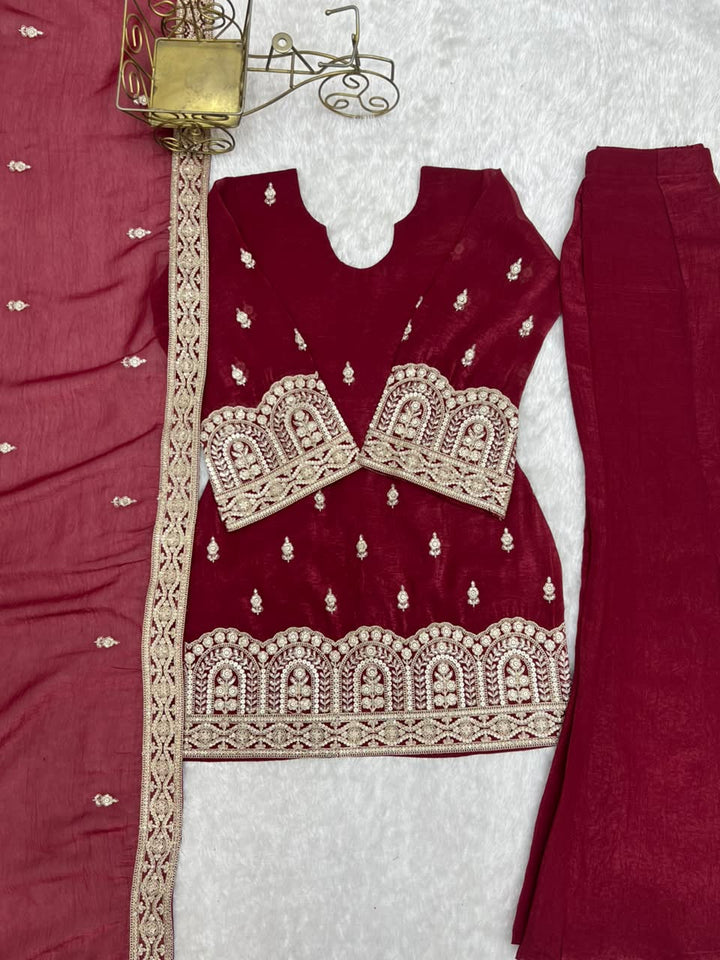 Luxury Embroidered Crunchy Silk 3-Piece Ready-to-Wear Bell Bottom Suit – Maroon – view 8