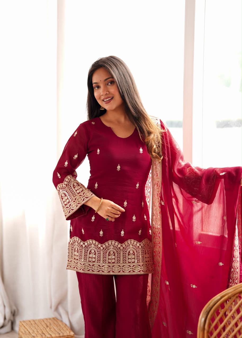 Luxury Embroidered Crunchy Silk 3-Piece Ready-to-Wear Bell Bottom Suit – Maroon – view 9