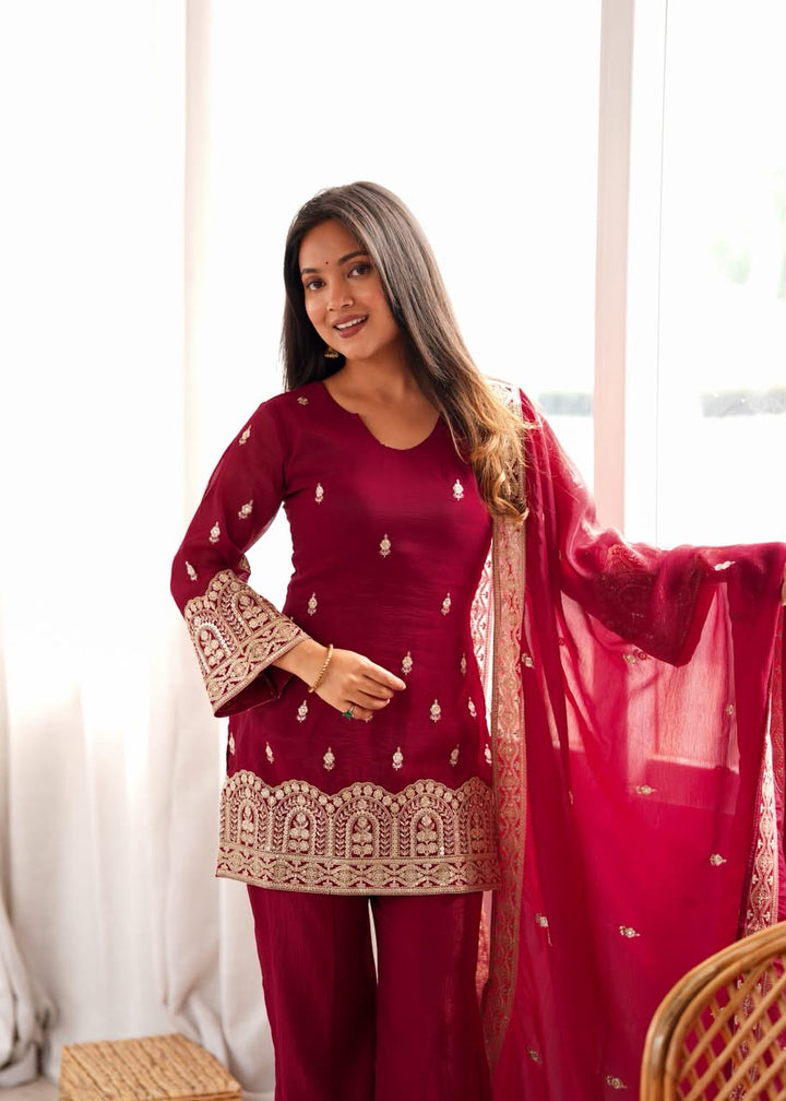 Luxury Embroidered Crunchy Silk 3-Piece Ready-to-Wear Bell Bottom Suit – Maroon – view 9
