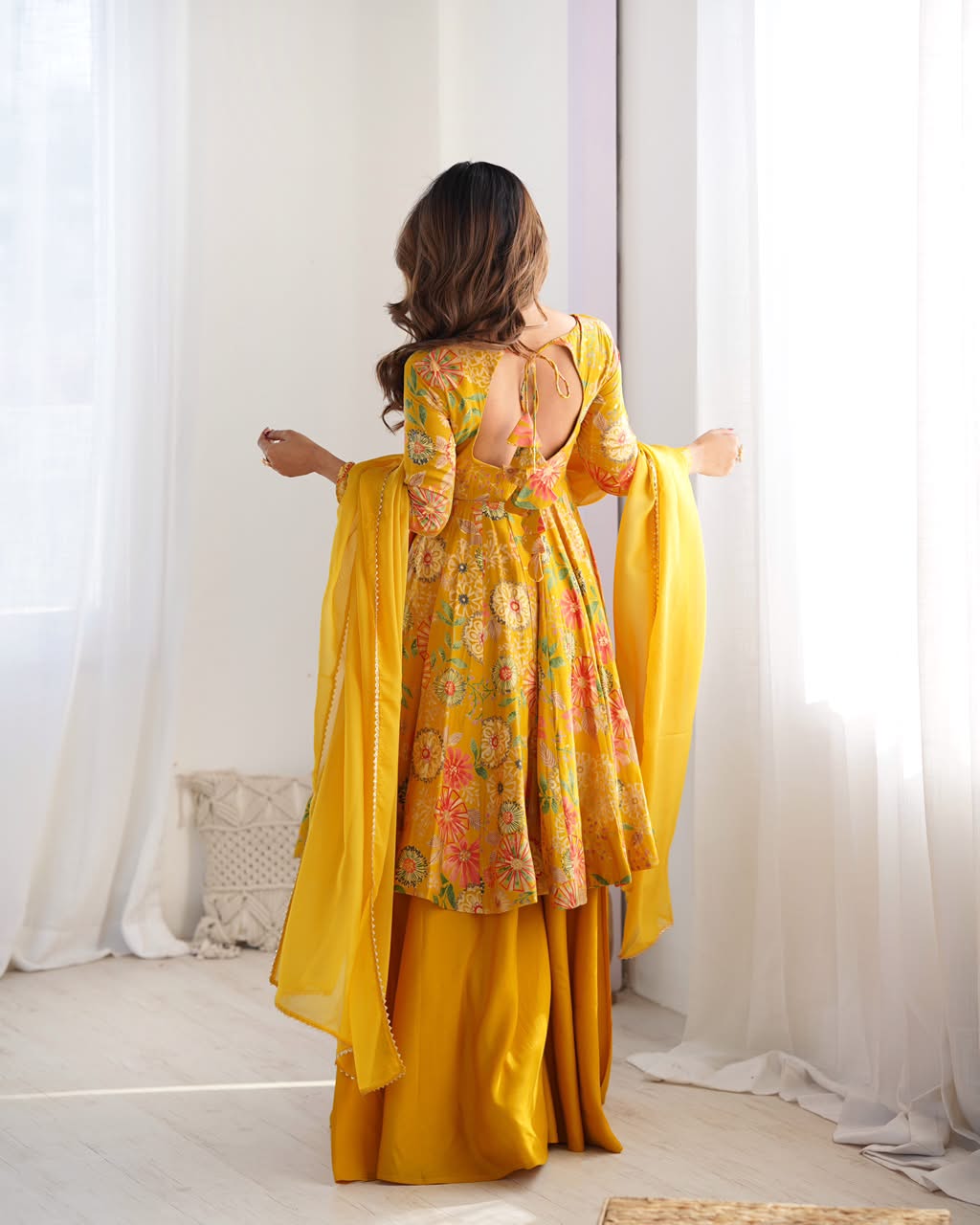 Luxury Printed Roman Silk Chanderi 3-Piece Ready-to-Wear Kediya Palazzo Suit – view 16