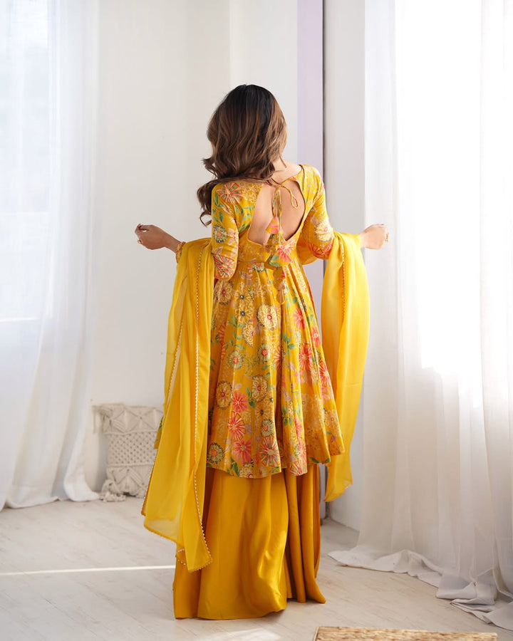 Luxury Printed Roman Silk Chanderi 3-Piece Ready-to-Wear Kediya Palazzo Suit – view 16