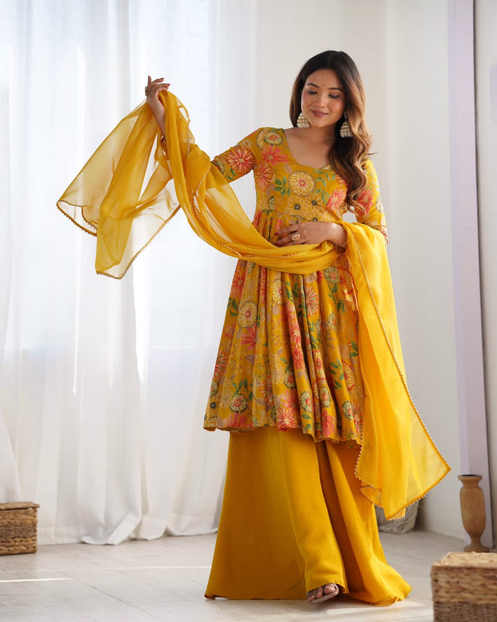 Luxury Printed Roman Silk Chanderi 3-Piece Ready-to-Wear Kediya Palazzo Suit – view 23