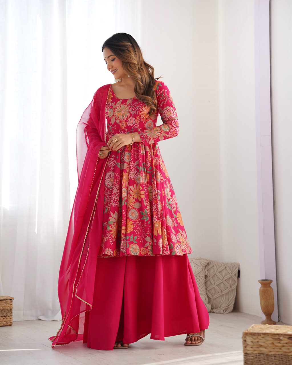 Luxury Printed Roman Silk Chanderi 3-Piece Ready-to-Wear Kediya Palazzo Suit – view 25