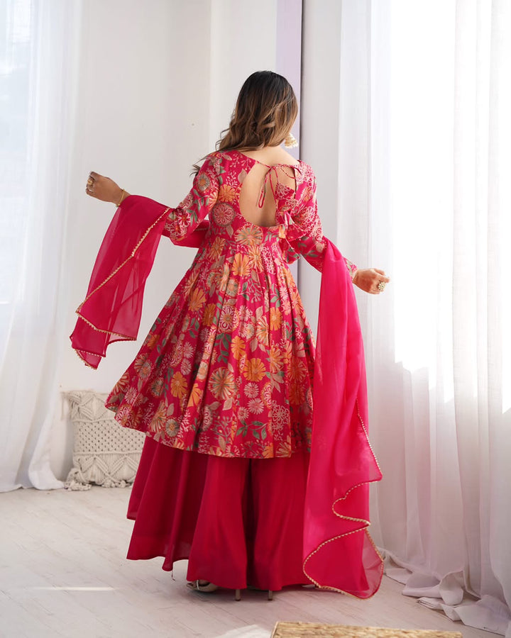 Luxury Printed Roman Silk Chanderi 3-Piece Ready-to-Wear Kediya Palazzo Suit – view 30