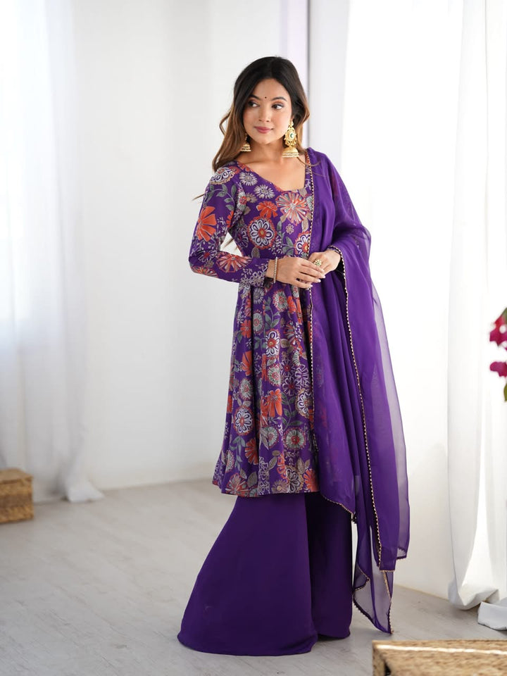 Luxury Printed Roman Silk Chanderi 3-Piece Ready-to-Wear Kediya Palazzo Suit – view 39