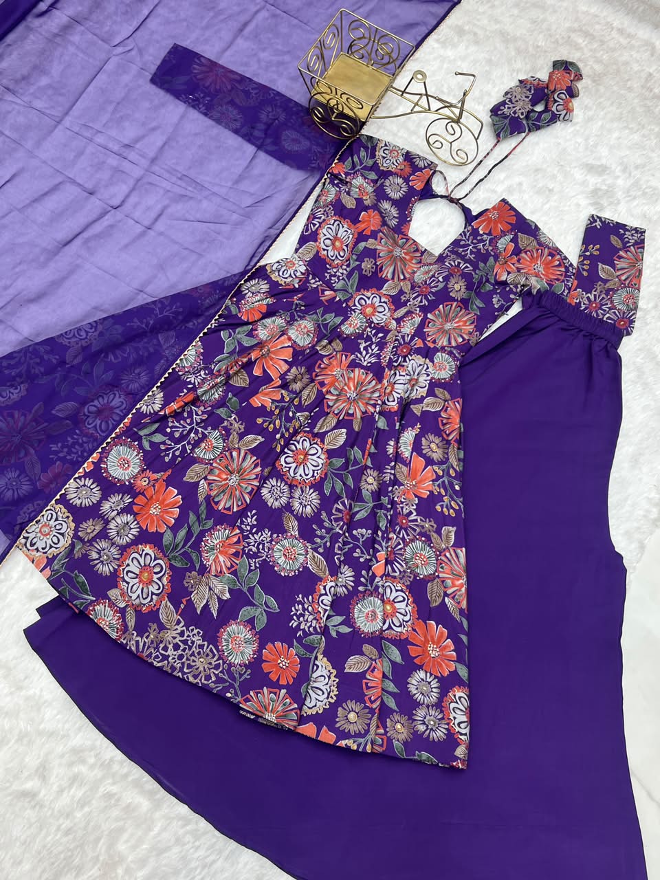 Luxury Printed Roman Silk Chanderi 3-Piece Ready-to-Wear Kediya Palazzo Suit – view 46