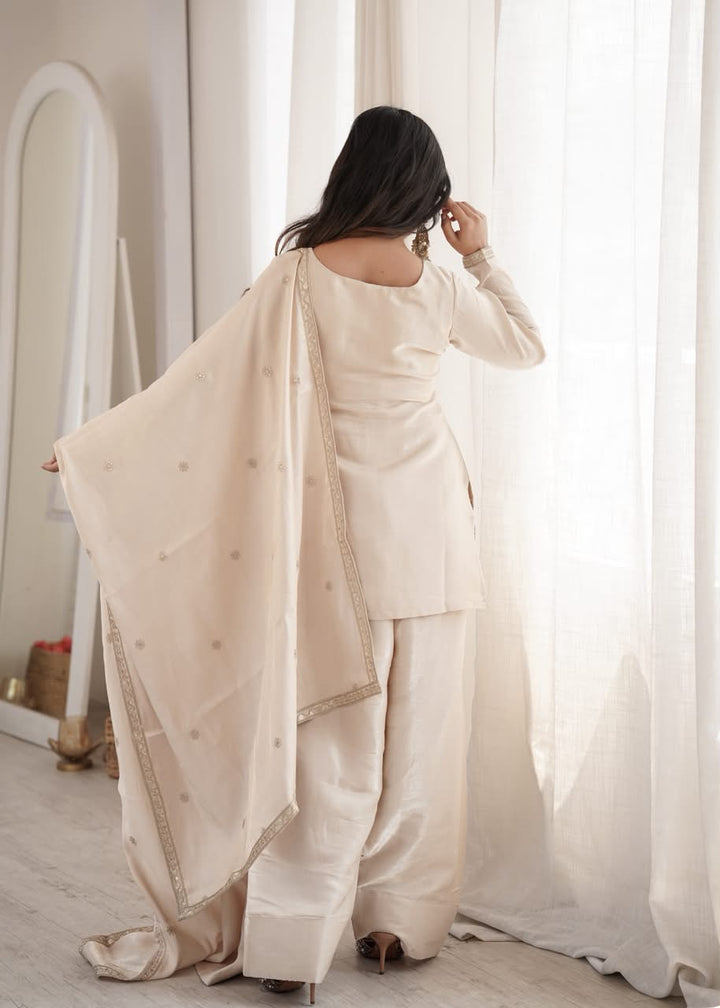 Luxury Embroidered Glass Roman Silk 3-Piece Ready-to-Wear Farshi Shalwar Suit – Champagne Beige – view 1