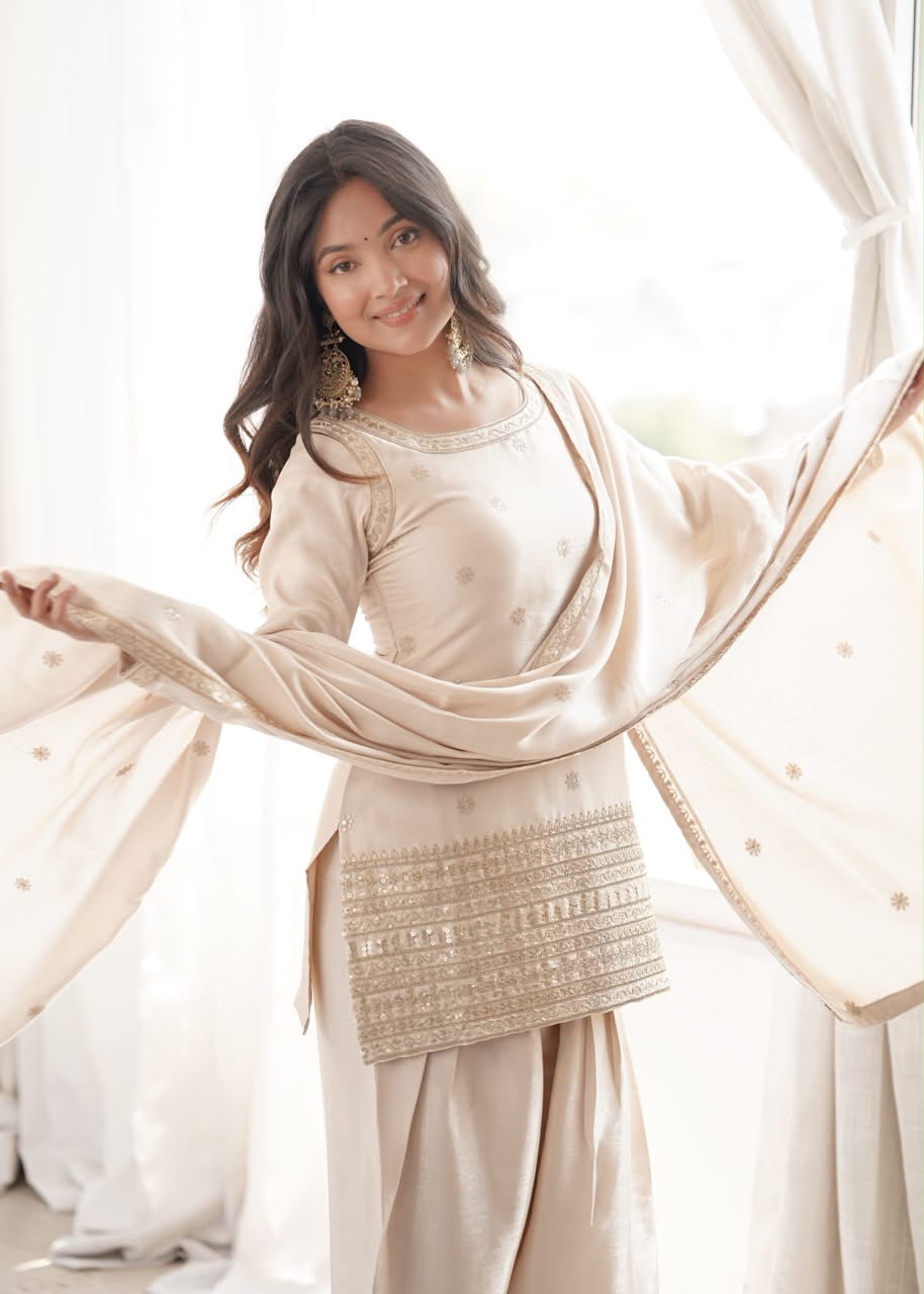 Luxury Embroidered Glass Roman Silk 3-Piece Ready-to-Wear Farshi Shalwar Suit – Champagne Beige – view 2