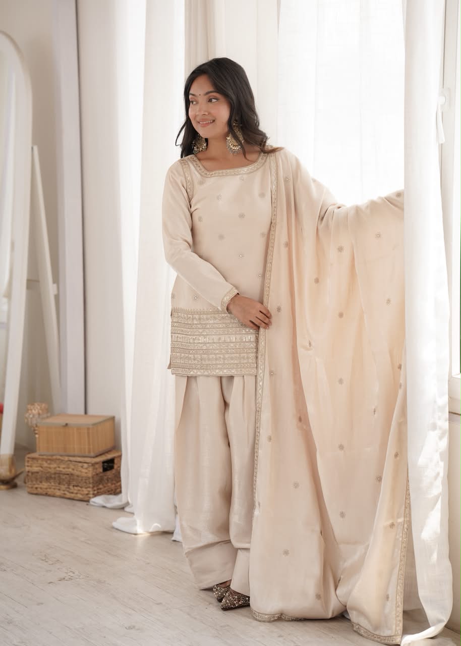 Luxury Embroidered Glass Roman Silk 3-Piece Ready-to-Wear Farshi Shalwar Suit – Champagne Beige – view 9