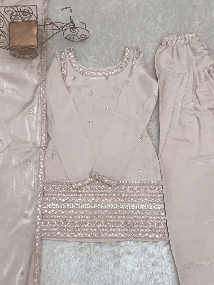 Luxury Embroidered Glass Roman Silk 3-Piece Ready-to-Wear Farshi Shalwar Suit – Champagne Beige – view 10