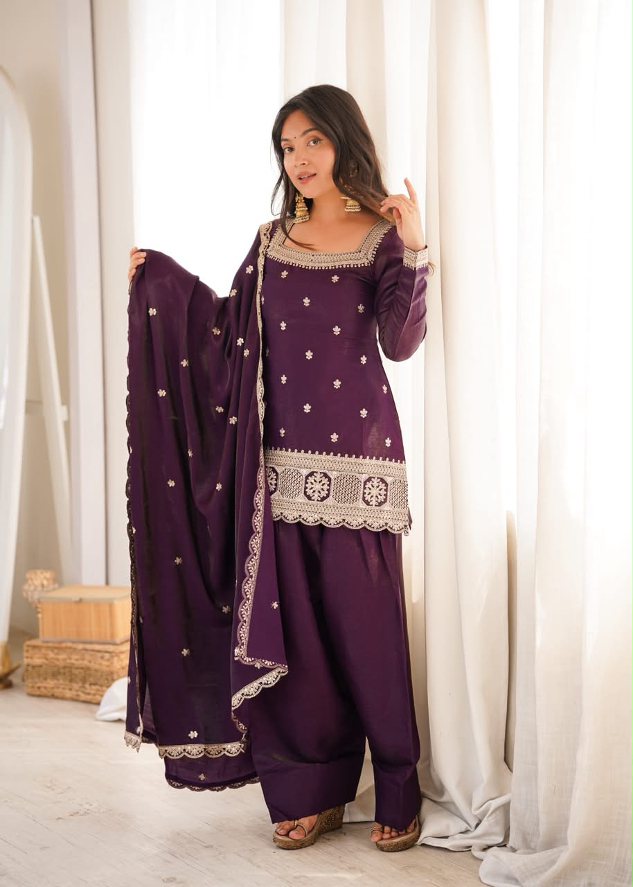 Luxury Embroidered Glass Roman Silk 3-Piece Ready-to-Wear Farshi Shalwar Suit – Purple – view 4