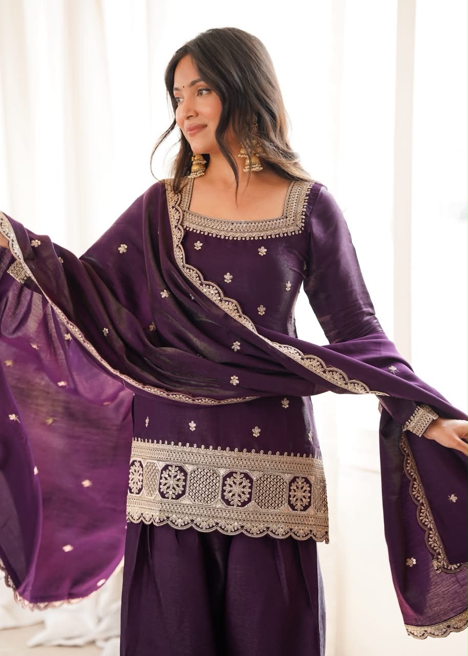 Luxury Embroidered Glass Roman Silk 3-Piece Ready-to-Wear Farshi Shalwar Suit – Purple – view 6
