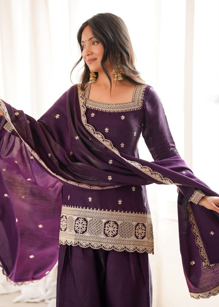 Luxury Embroidered Glass Roman Silk 3-Piece Ready-to-Wear Farshi Shalwar Suit – Purple – view 6