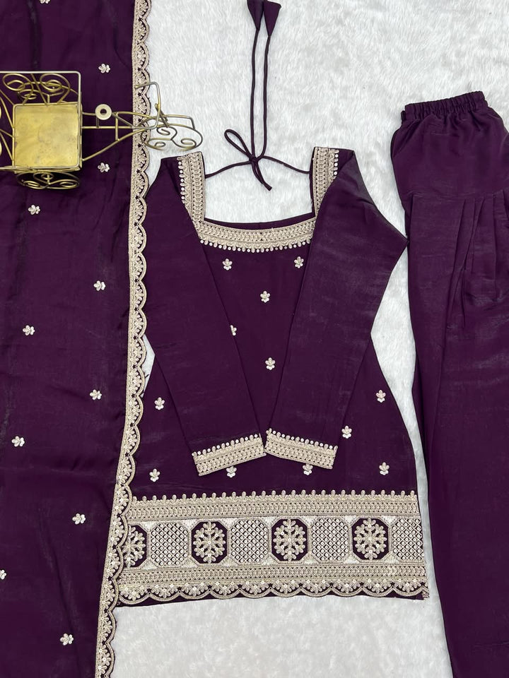 Luxury Embroidered Glass Roman Silk 3-Piece Ready-to-Wear Farshi Shalwar Suit – Purple – view 7