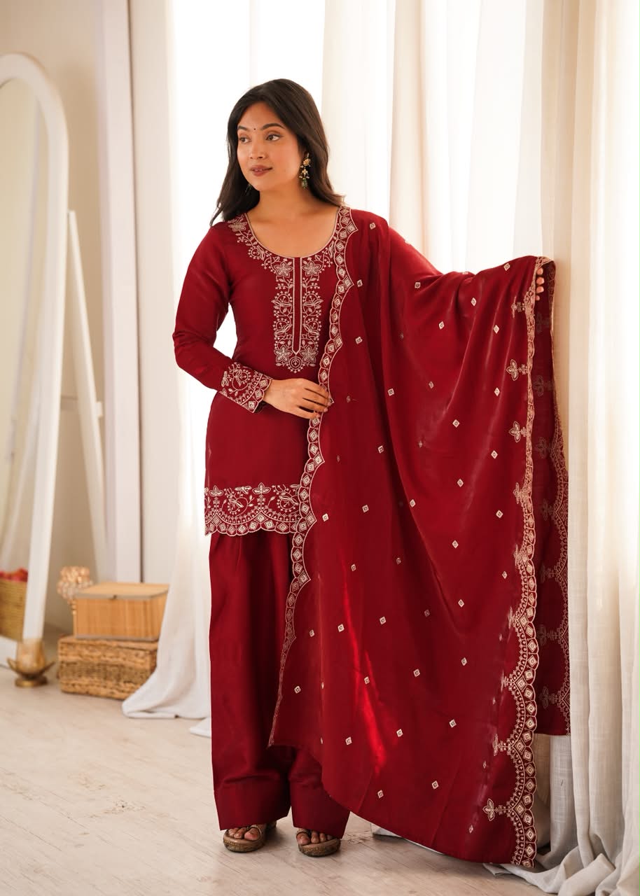 Luxury Embroidered Glass Roman Silk 3-Piece Ready-to-Wear Farshi Shalwar Suit – Maroon – view 1