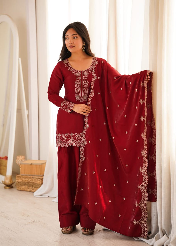 Luxury Embroidered Glass Roman Silk 3-Piece Ready-to-Wear Farshi Shalwar Suit – Maroon – view 1