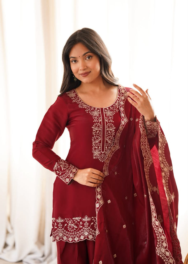 Luxury Embroidered Glass Roman Silk 3-Piece Ready-to-Wear Farshi Shalwar Suit – Maroon – view 6