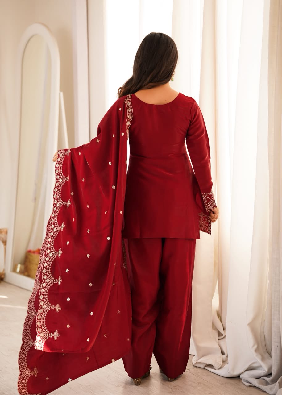 Luxury Embroidered Glass Roman Silk 3-Piece Ready-to-Wear Farshi Shalwar Suit – Maroon – view 8